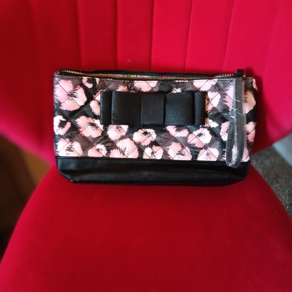 Betsey Johnson Pink and Black Bow Clutch